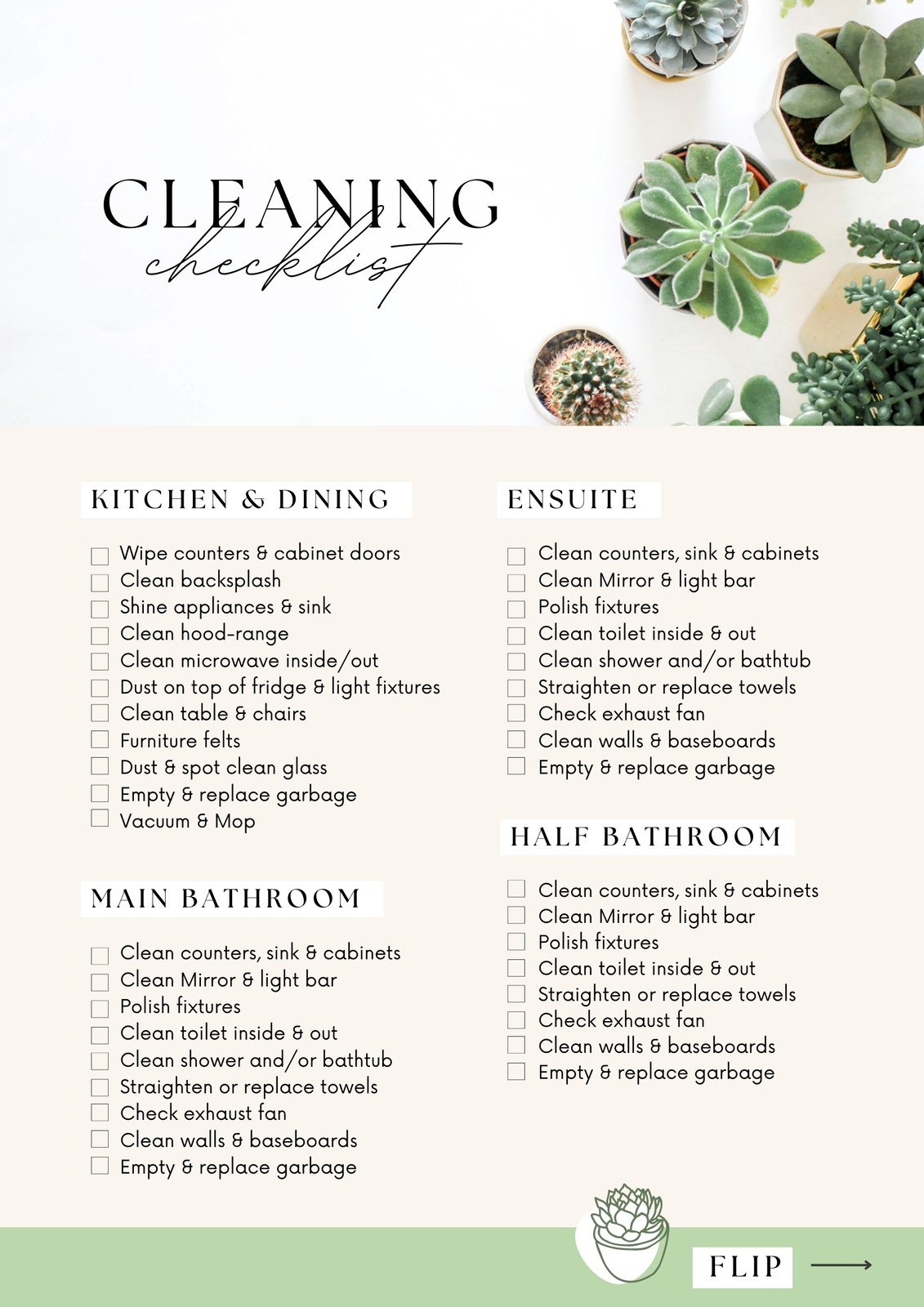Green and Beige Organic Natural Cleaning Checklist - Page 1